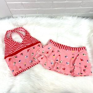 Hanna Andersson Girls Striped Pink Red Bird Print Two Piece Skirt Swimsuit Set